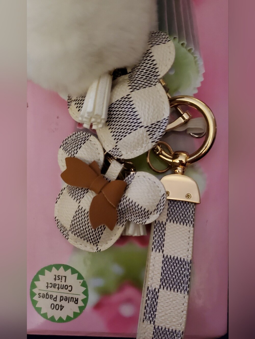 Cream Check Minnie Mouse Keychain,Strap;2 Minnie Mouse Charms; Great Bag Charm